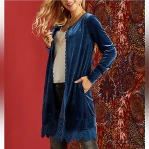 Beautiful Susan Betro Long Blue Velvet Cardigan Robe with Crocheted Trim Size L